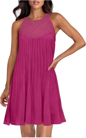Lace Hollow Out Halter Dress Women's Summer Boho Beach Vacation Sundress Solid Loose Fit Casual A Line Flowy Dresses