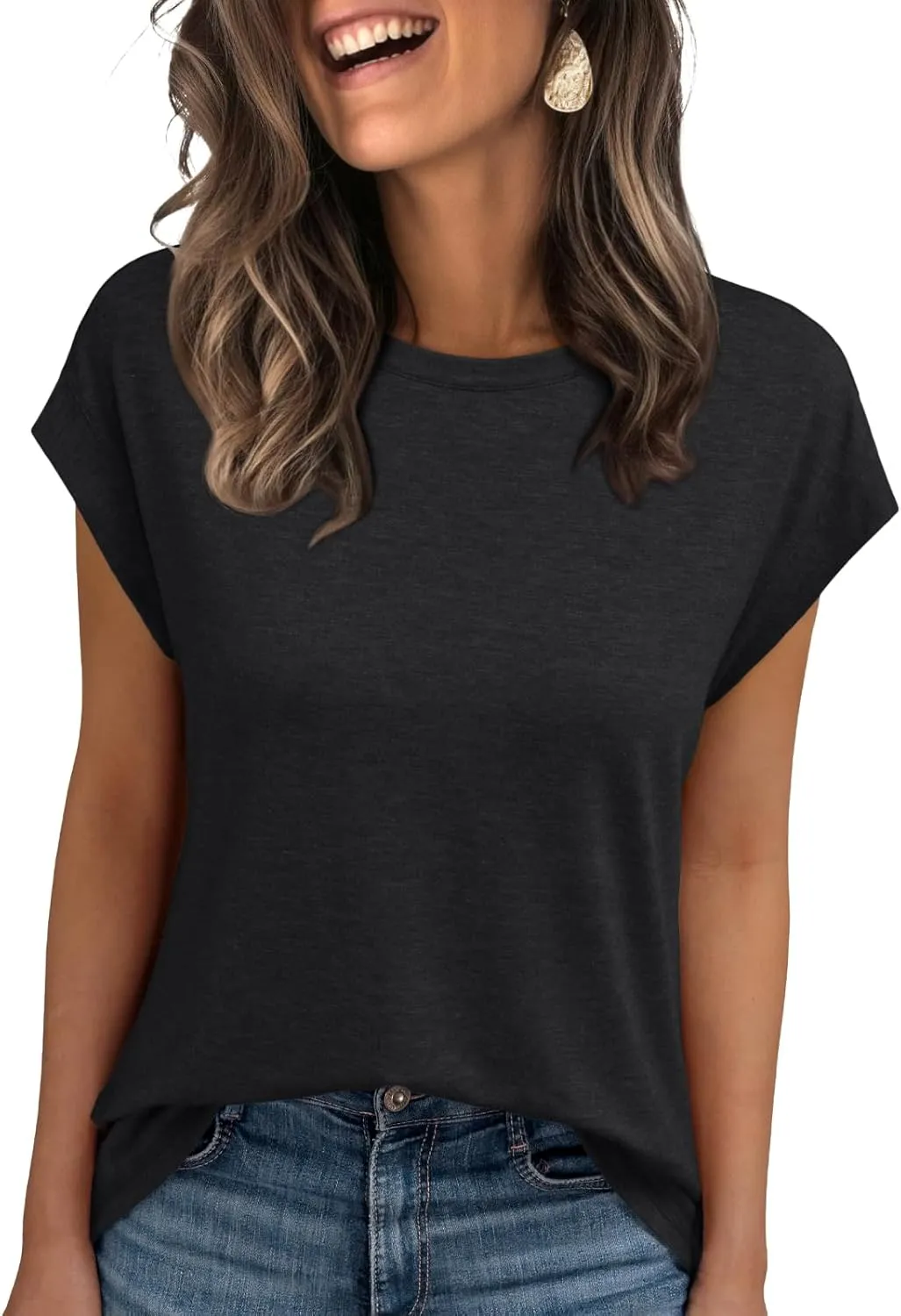 LILLUSORY Womens Casual Summer Tops Cap Sleeve Spring T Shirts Business Dressy Basic Tee Trendy Fashion Clothes 2025