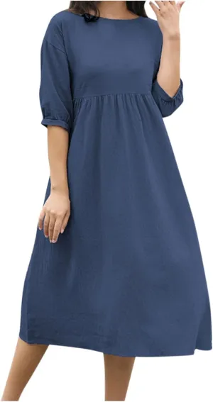 Linen Dress for Women 2024 Long Sleeve Dresses Square Neck Smocked Ruffle Casual Trendy Pullover Dress