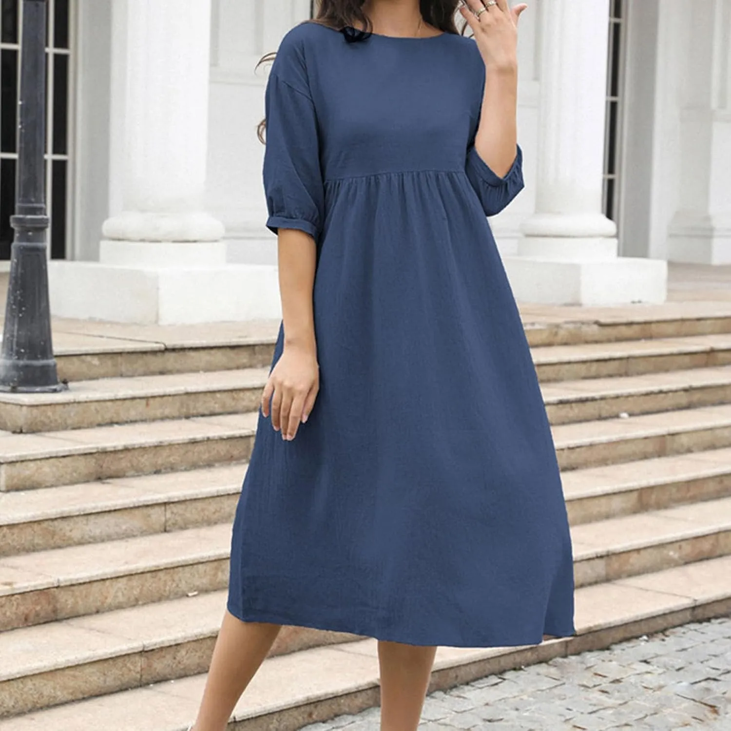 Linen Dress for Women 2024 Long Sleeve Dresses Square Neck Smocked Ruffle Casual Trendy Pullover Dress