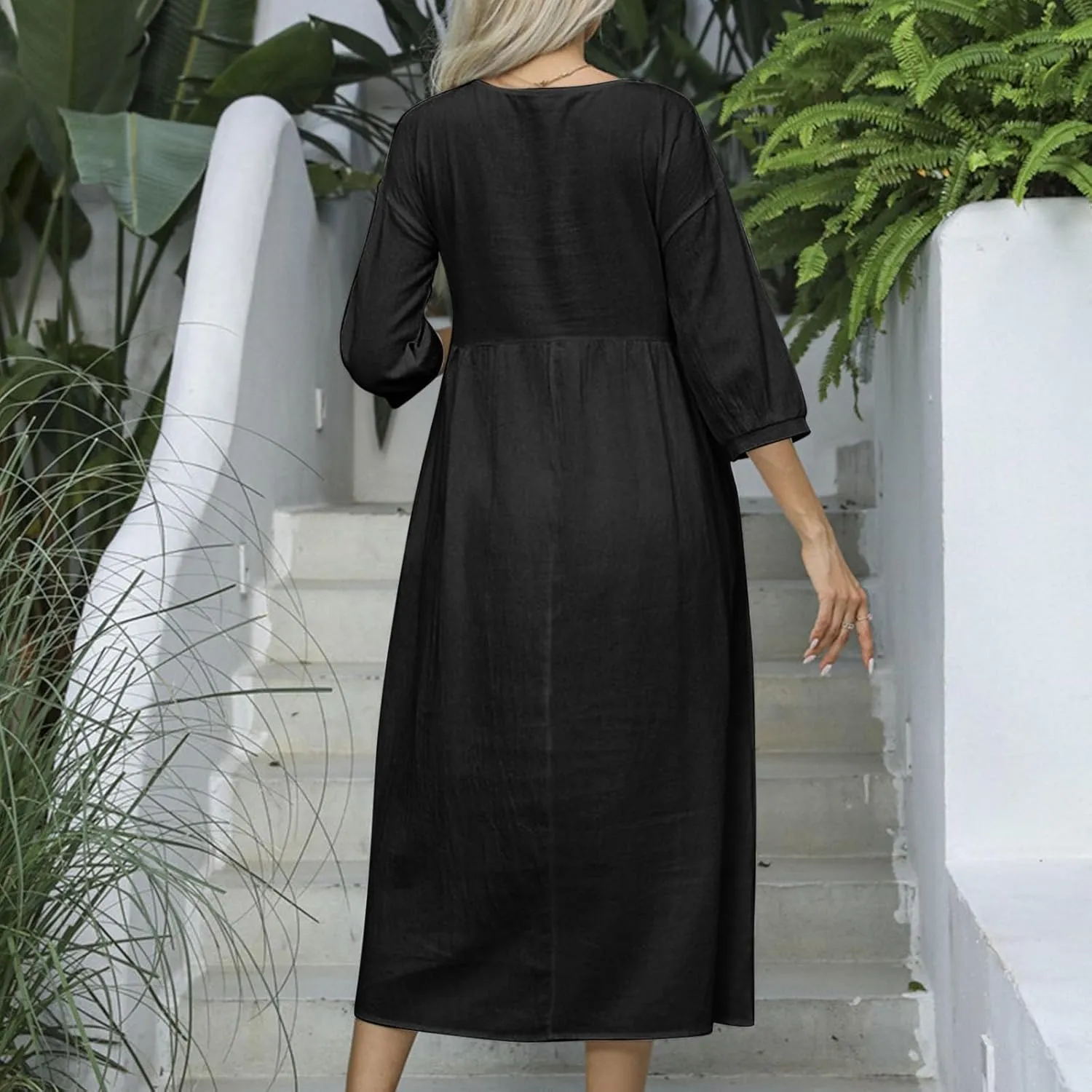 Linen Dress for Women 2024 Long Sleeve Dresses Square Neck Smocked Ruffle Casual Trendy Pullover Dress