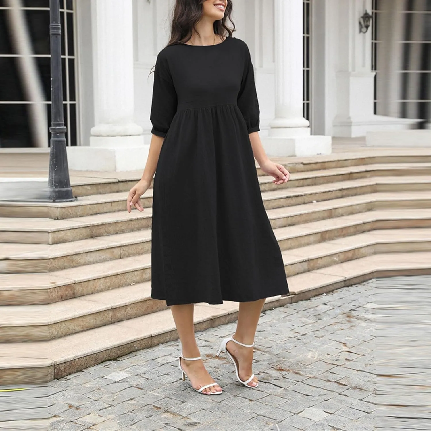 Linen Dress for Women 2024 Long Sleeve Dresses Square Neck Smocked Ruffle Casual Trendy Pullover Dress