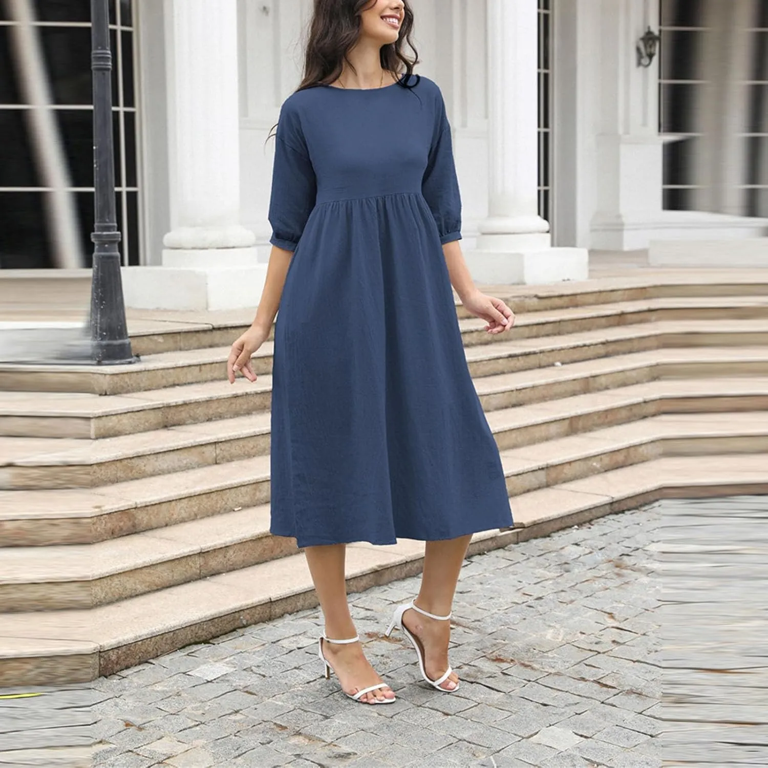 Linen Dress for Women 2024 Long Sleeve Dresses Square Neck Smocked Ruffle Casual Trendy Pullover Dress