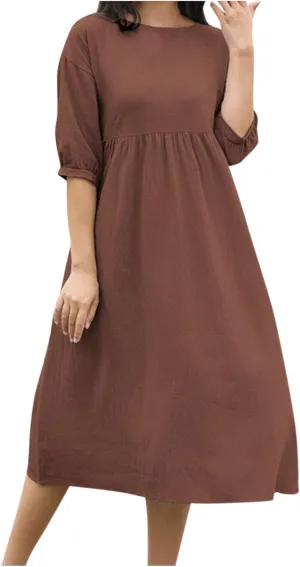 Linen Dress for Women 2024 Long Sleeve Dresses Square Neck Smocked Ruffle Casual Trendy Pullover Dress
