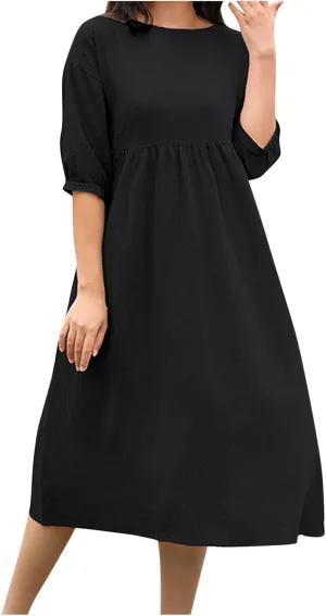 Linen Dress for Women 2024 Long Sleeve Dresses Square Neck Smocked Ruffle Casual Trendy Pullover Dress