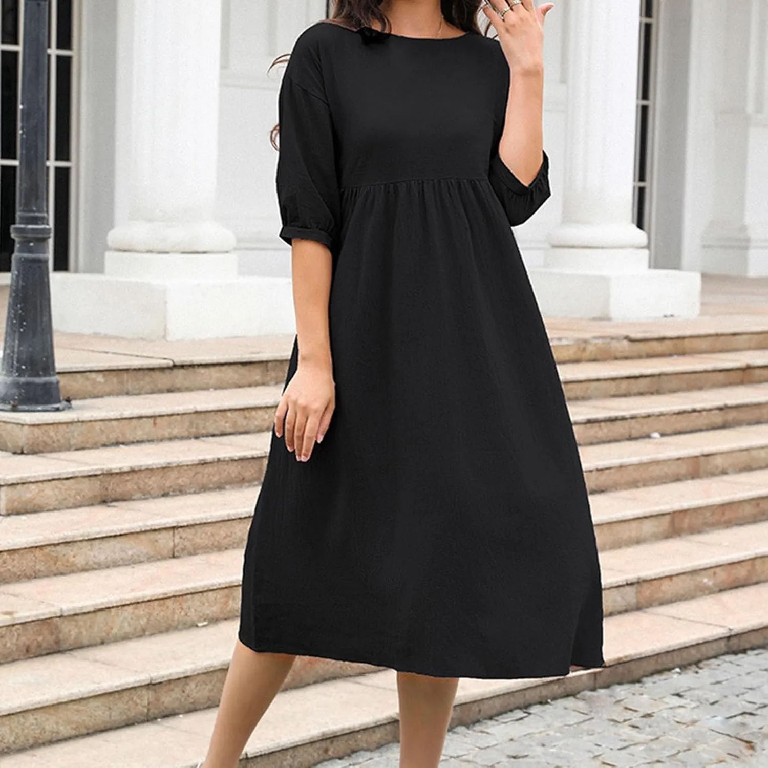 Linen Dress for Women 2024 Long Sleeve Dresses Square Neck Smocked Ruffle Casual Trendy Pullover Dress