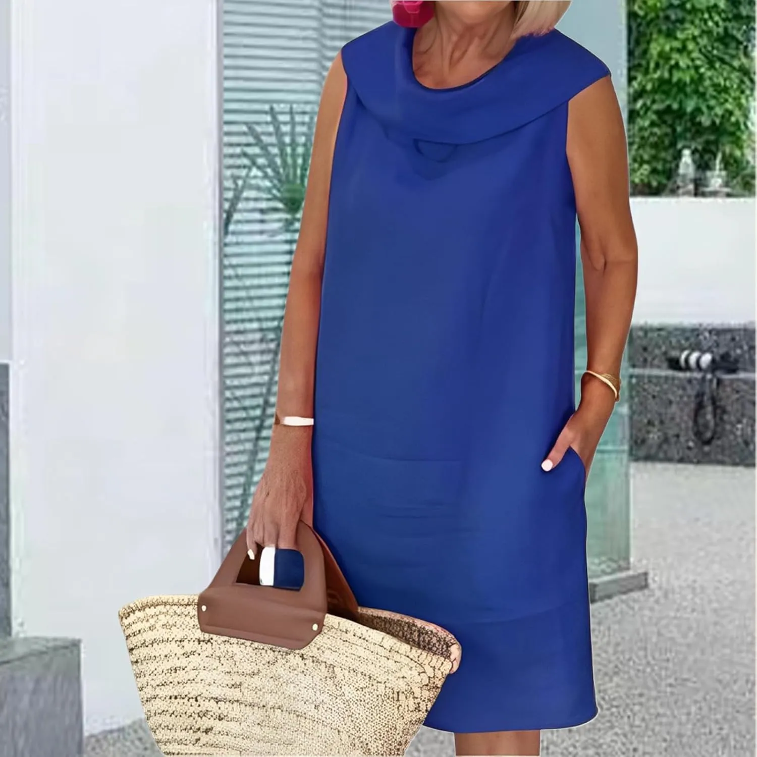 Linen Dress for Women Plus Size Sleeveless Turtleneck Tank Mini Dresses Casual Solid Flowy Midi Dresses with Pockets