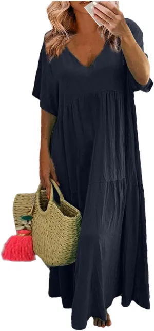 Linen Dress Womens Maxi Dresses 2025 Summer Short Sleeve V Neck Plain Smocked Flowy Long Beach Vacation Sundresses