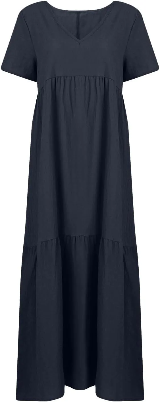 Linen Dress Womens Maxi Dresses 2025 Summer Short Sleeve V Neck Plain Smocked Flowy Long Beach Vacation Sundresses