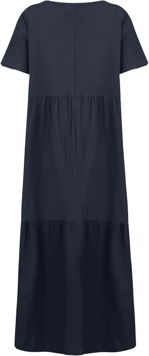 Linen Dress Womens Maxi Dresses 2025 Summer Short Sleeve V Neck Plain Smocked Flowy Long Beach Vacation Sundresses