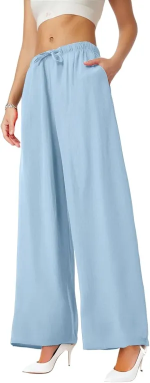 Linen Palazzo Pants for Women Elastic High Waisted Wide Leg Pants Casual Summer Beach Trouser Pants with Pockets