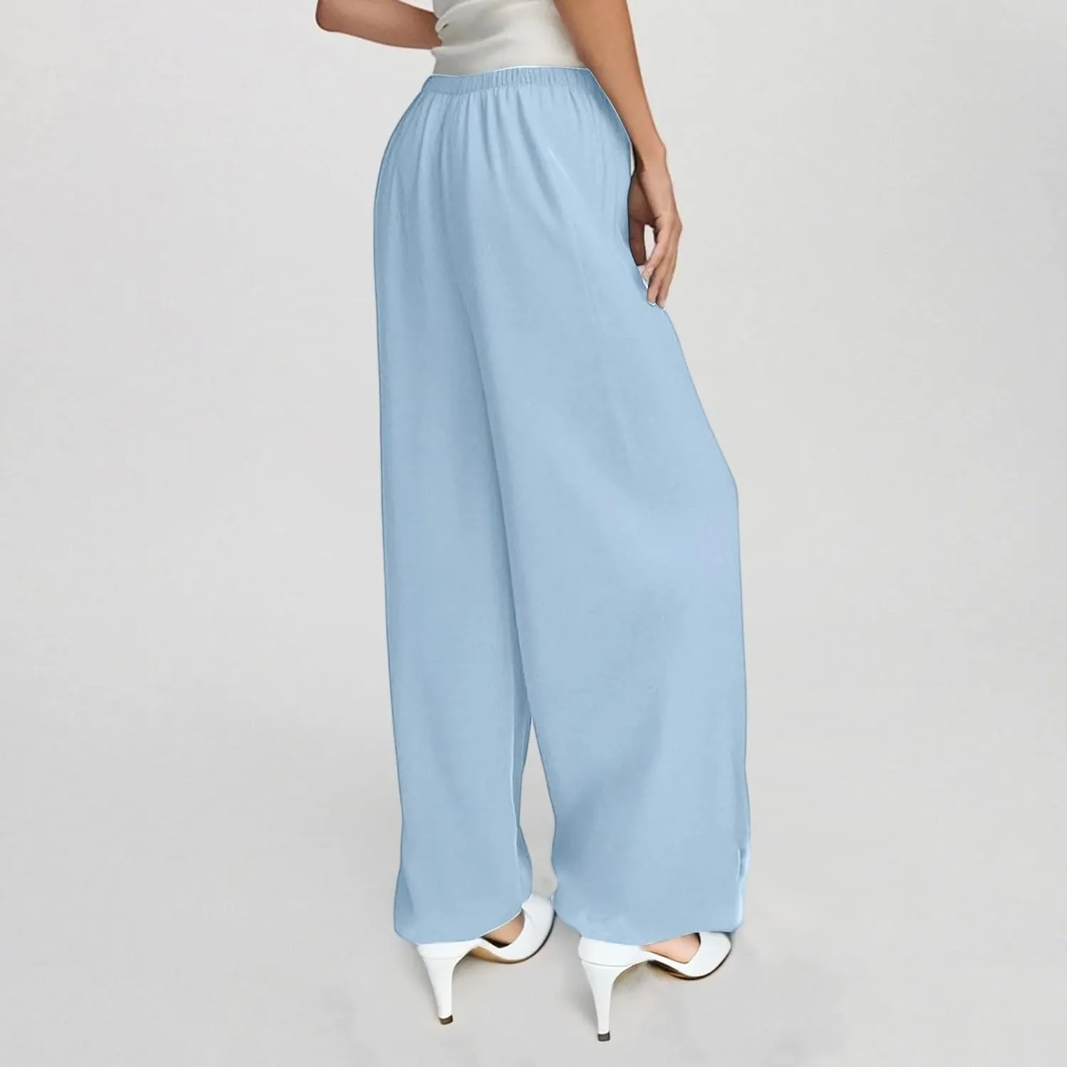 Linen Palazzo Pants for Women Elastic High Waisted Wide Leg Pants Casual Summer Beach Trouser Pants with Pockets