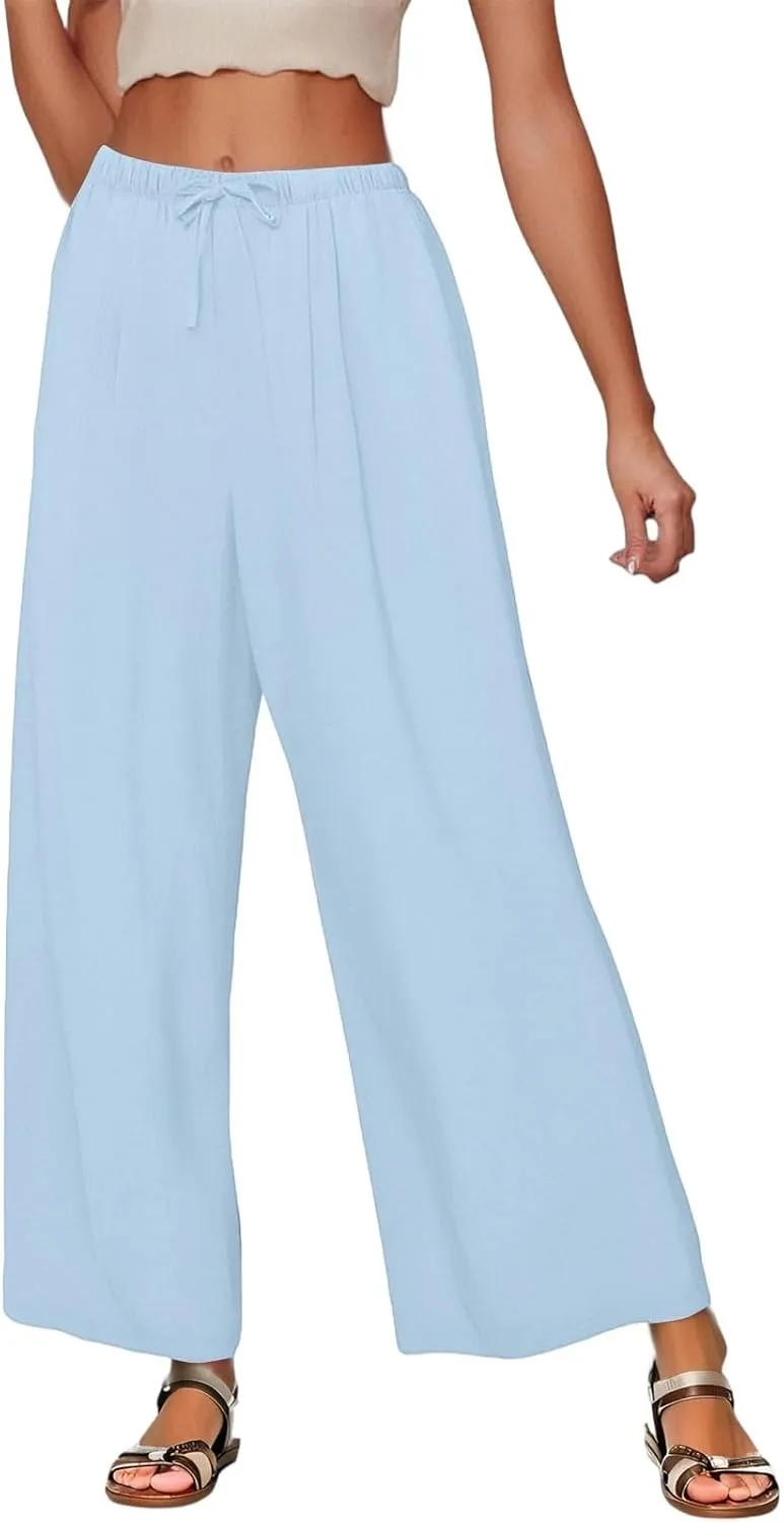 Linen Palazzo Pants for Women Elastic High Waisted Wide Leg Pants Casual Summer Beach Trouser Pants with Pockets