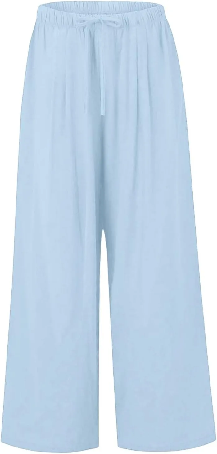 Linen Palazzo Pants for Women Elastic High Waisted Wide Leg Pants Casual Summer Beach Trouser Pants with Pockets