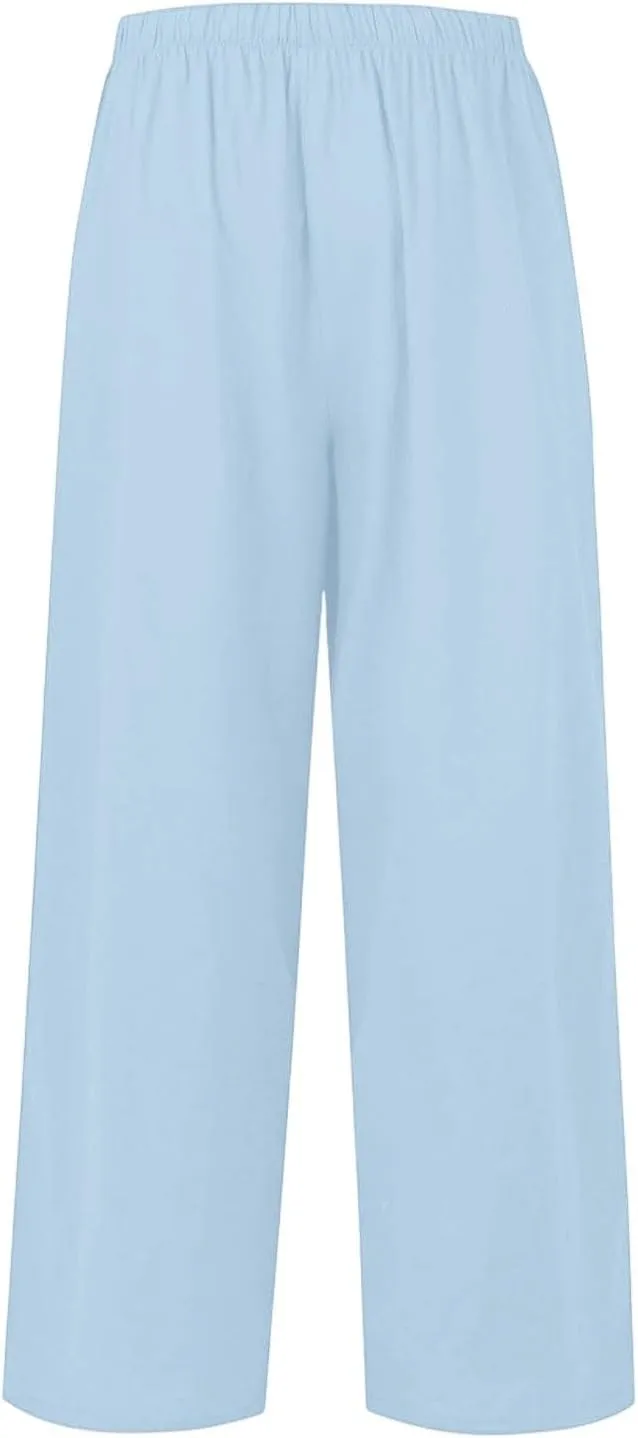 Linen Palazzo Pants for Women Elastic High Waisted Wide Leg Pants Casual Summer Beach Trouser Pants with Pockets