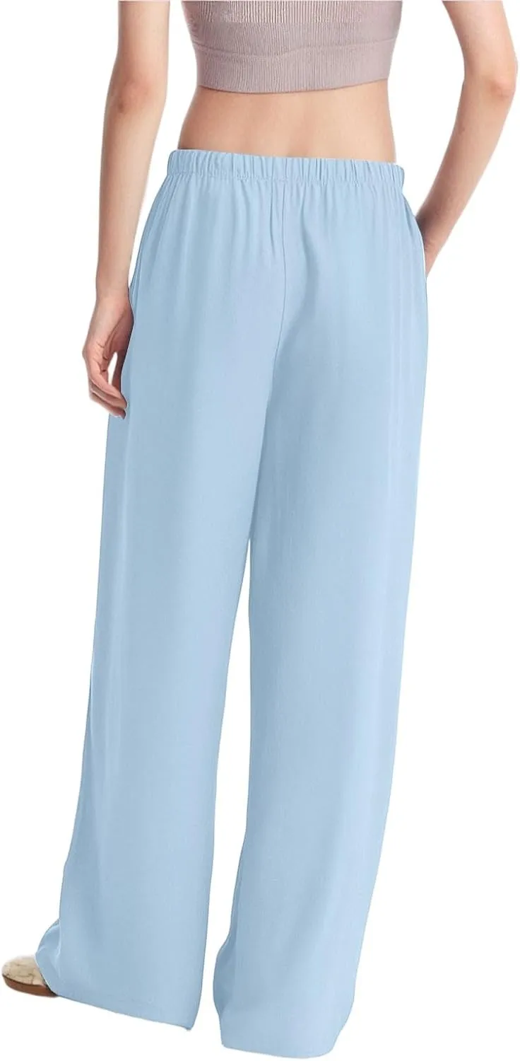 Linen Palazzo Pants for Women Elastic High Waisted Wide Leg Pants Casual Summer Beach Trouser Pants with Pockets
