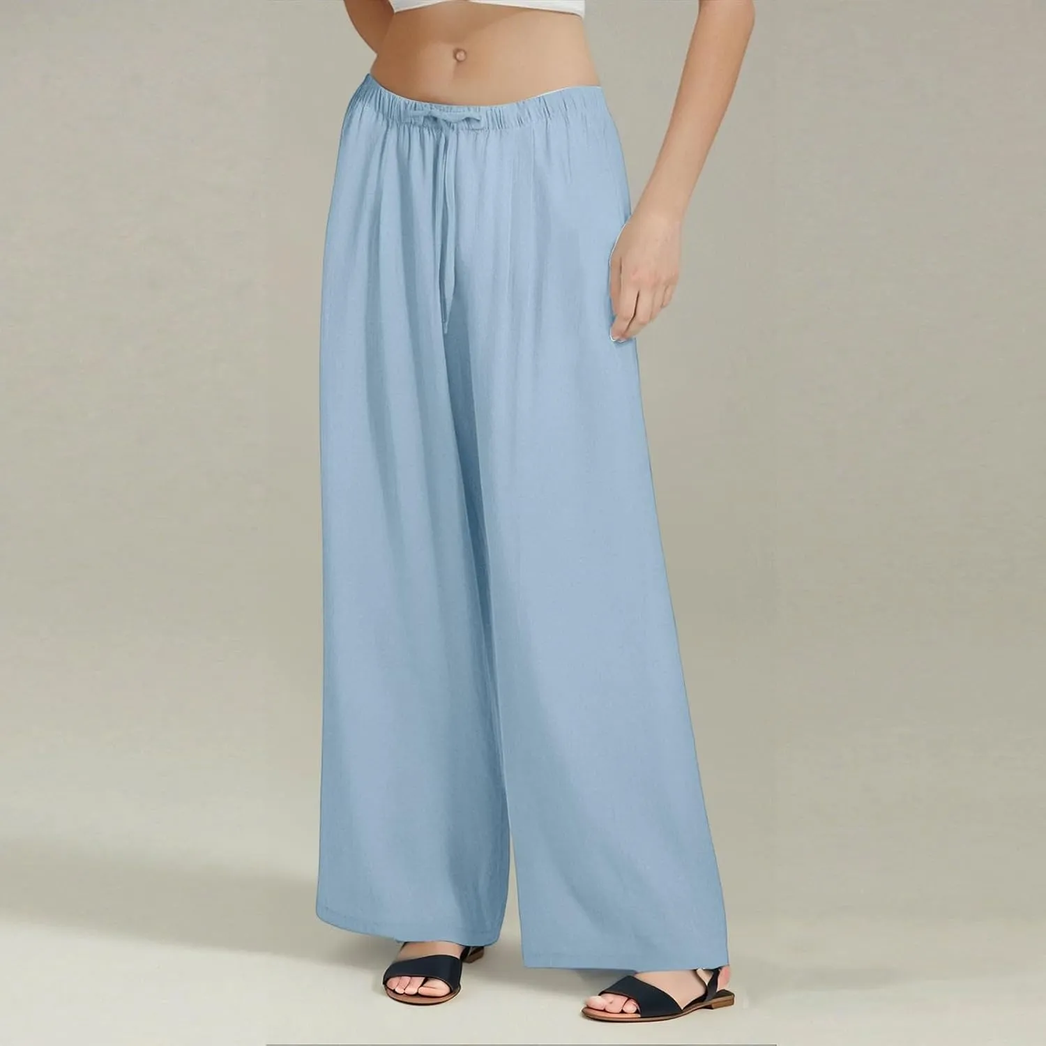 Linen Palazzo Pants for Women Elastic High Waisted Wide Leg Pants Casual Summer Beach Trouser Pants with Pockets