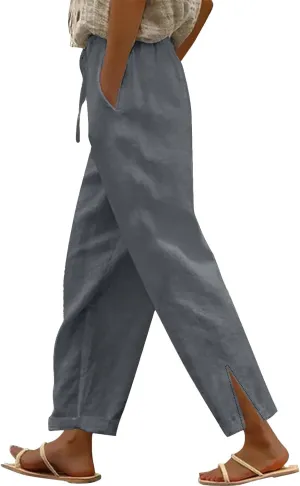 Linen Pants Casual Elastic Waist Wide Leg Pants Elastic Waist Straight Leg Cotton Linen Casual Summer Palazzo Lounge Pants