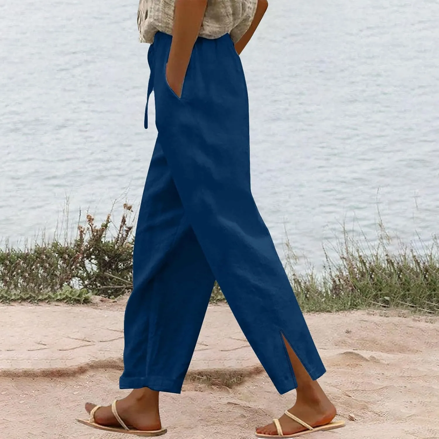 Linen Pants for Women 2025 Summer High Waist Elastic Straight Leg Lounge Pant Loose Lightweight Beach Trousers