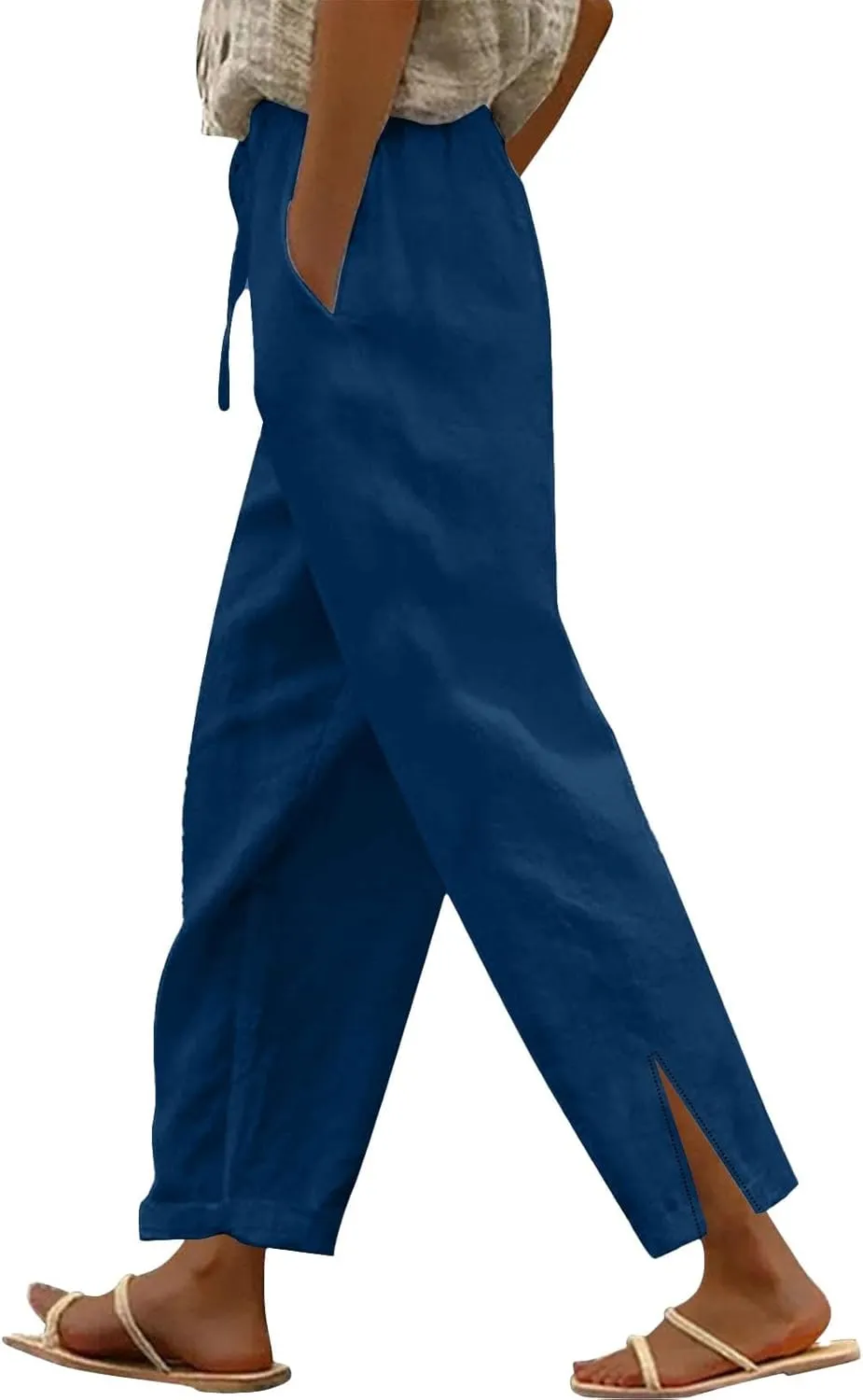 Linen Pants for Women 2025 Summer High Waist Elastic Straight Leg Lounge Pant Loose Lightweight Beach Trousers