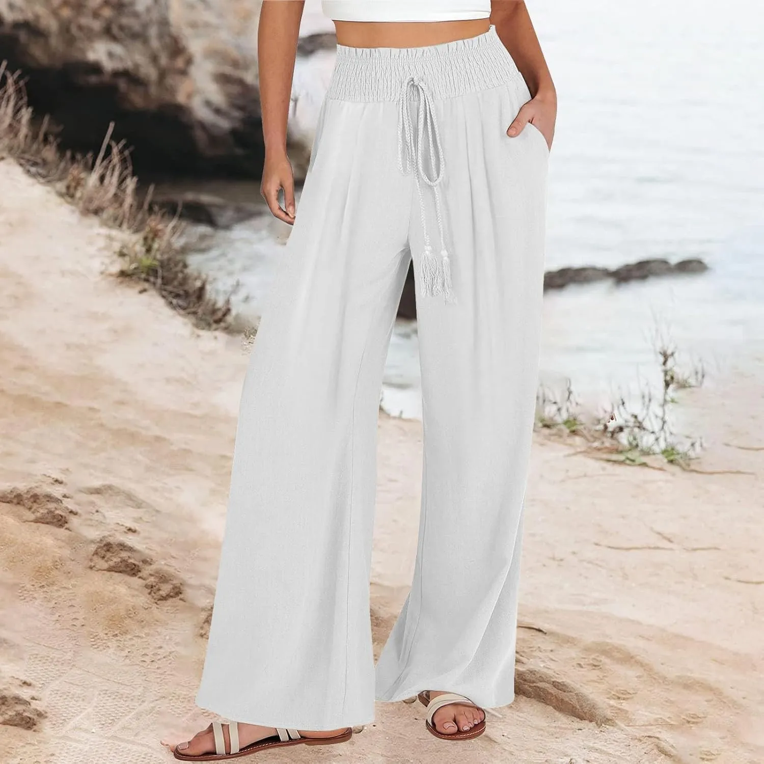 Linen Pants for Women Casual High Waisted Palazzo Pants Lightweight Summer Flowy Beach Pants with Pockets