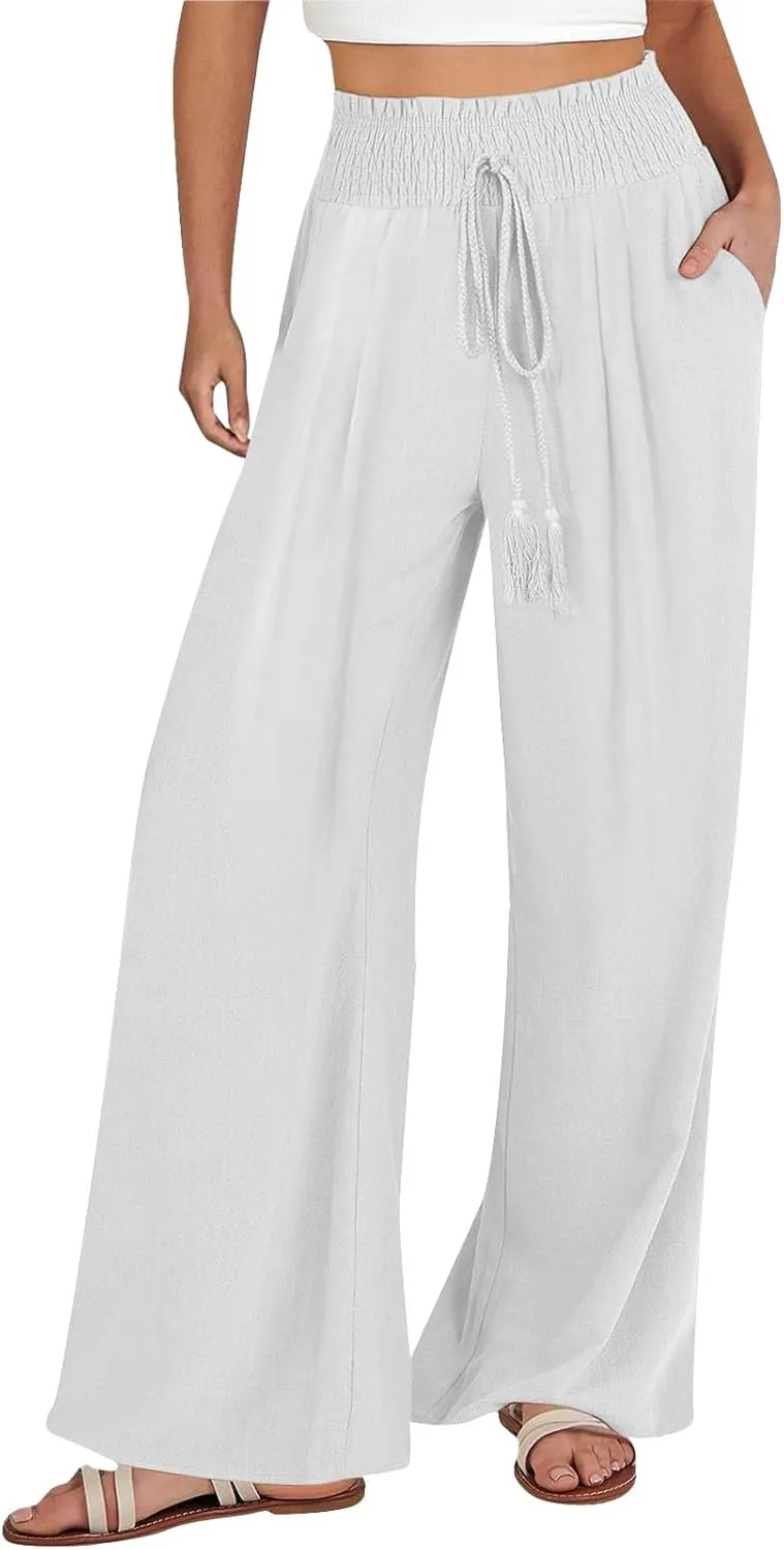 Linen Pants for Women Casual High Waisted Palazzo Pants Lightweight Summer Flowy Beach Pants with Pockets