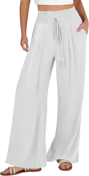 Linen Pants for Women Casual High Waisted Palazzo Pants Lightweight Summer Flowy Beach Pants with Pockets