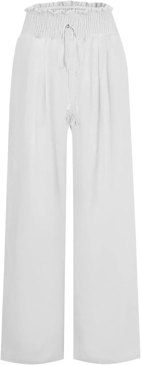 Linen Pants for Women Casual High Waisted Palazzo Pants Lightweight Summer Flowy Beach Pants with Pockets