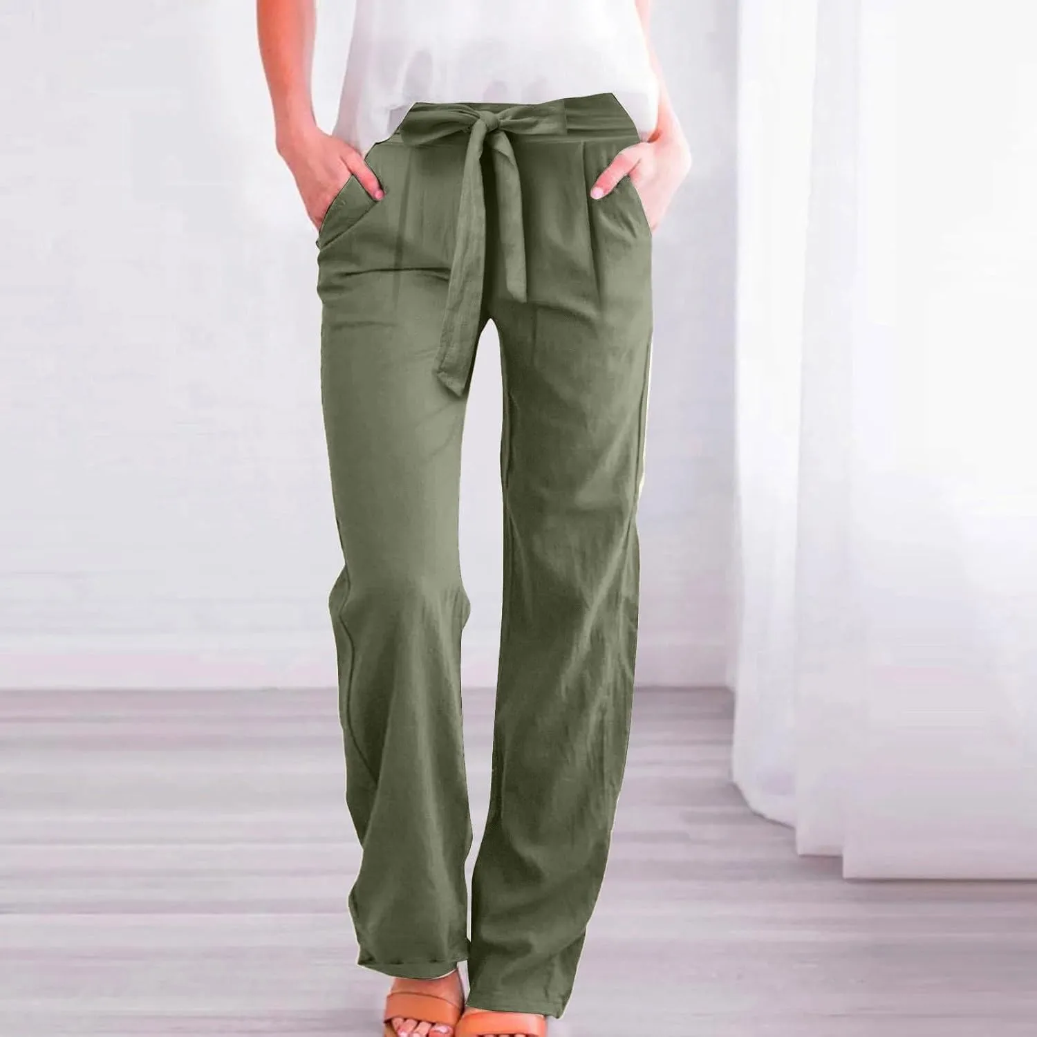 Linen Pants for Women Casual Straight Leg Loose Fit Summer Pants High Waisted Quick Dry Vacation Trousers with Pockets