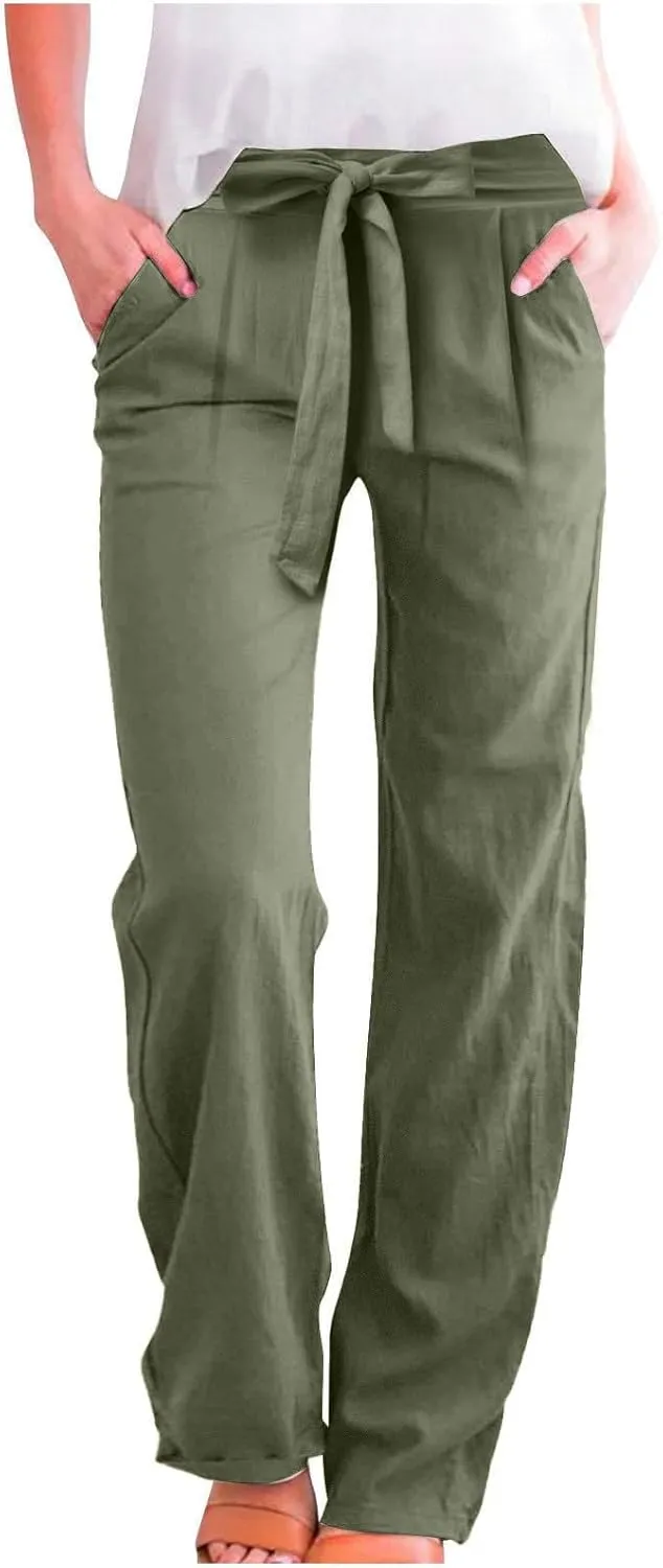Linen Pants for Women Casual Straight Leg Loose Fit Summer Pants High Waisted Quick Dry Vacation Trousers with Pockets