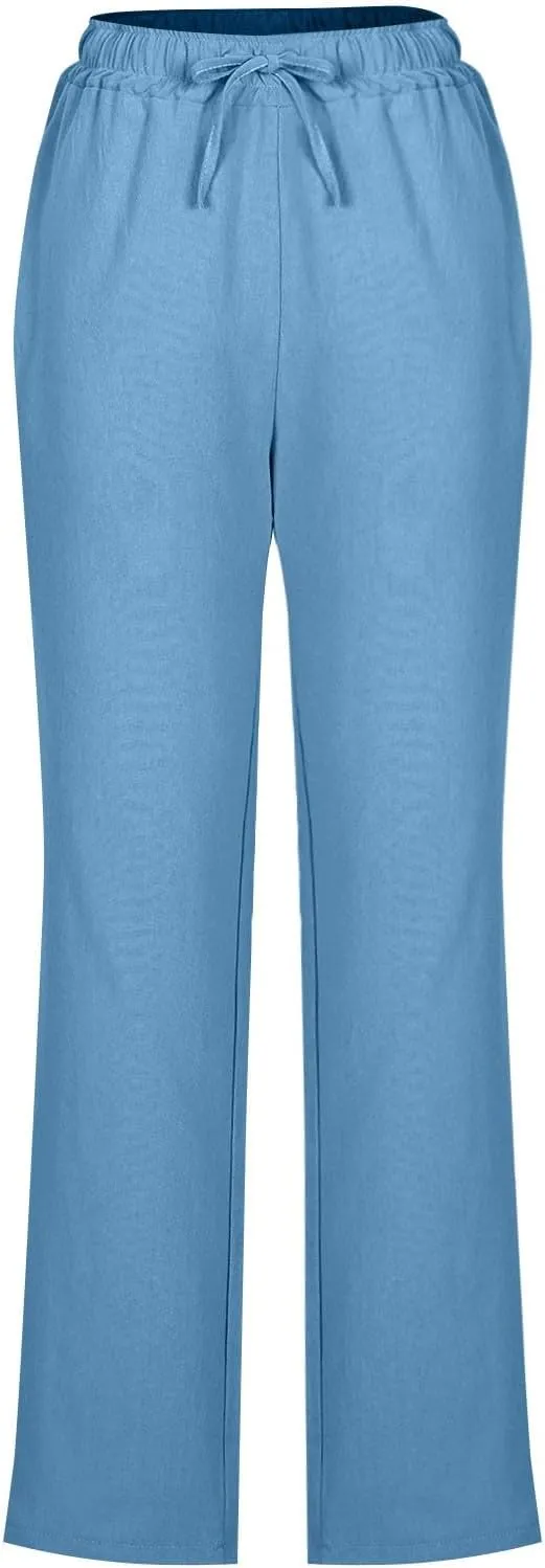 Linen Pants for Women Summer 2025 Drawstring Elastic Waist Pants High Waisted Wide Leg Pants Trousers with Pockets