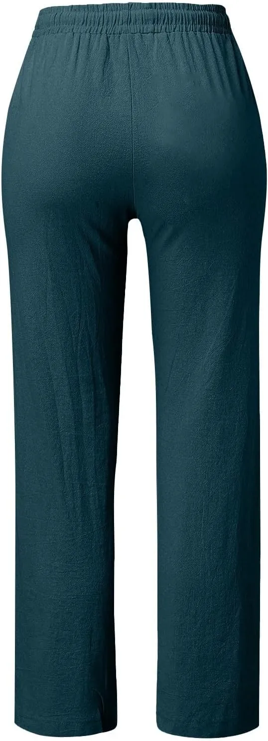Linen Pants for Women Summer Casual High Waisted Straight Leg Beach Pants Loose Fit Comfy Vacation Trousers w/Pockets