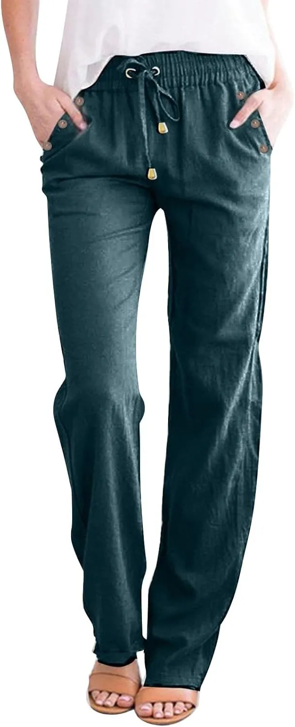 Linen Pants for Women Summer Casual High Waisted Straight Leg Beach Pants Loose Fit Comfy Vacation Trousers w/Pockets