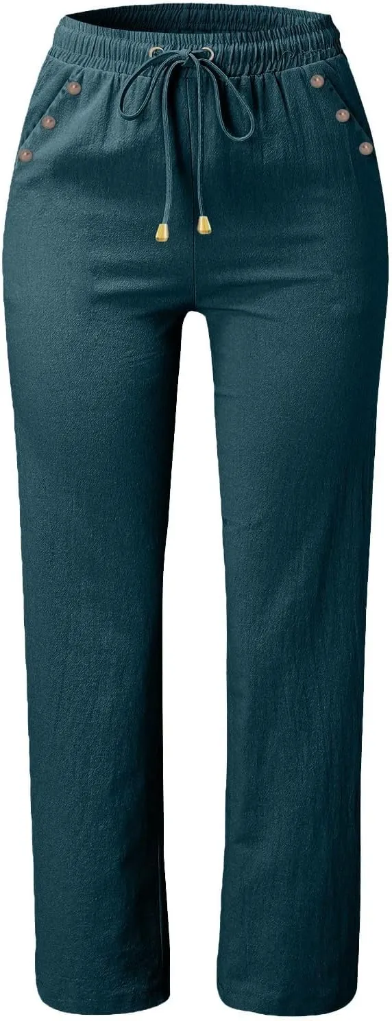 Linen Pants for Women Summer Casual High Waisted Straight Leg Beach Pants Loose Fit Comfy Vacation Trousers w/Pockets
