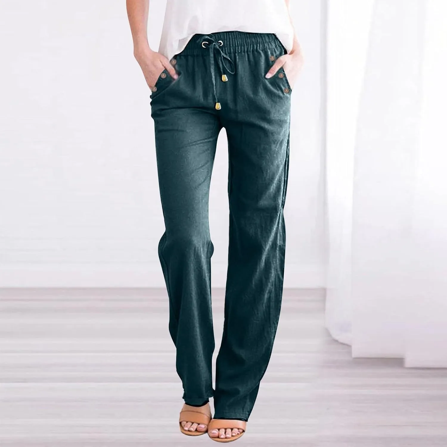 Linen Pants for Women Summer Casual High Waisted Straight Leg Beach Pants Loose Fit Comfy Vacation Trousers w/Pockets