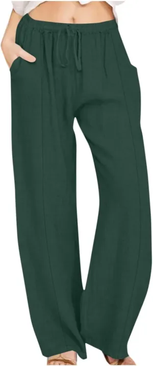 Linen Pants for Women Summer Palazzo Pants Casual Cotton Linen Wide Leg Trousers Flowy Beach Pants with Pockets