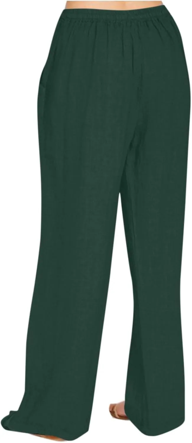 Linen Pants for Women Summer Palazzo Pants Casual Cotton Linen Wide Leg Trousers Flowy Beach Pants with Pockets