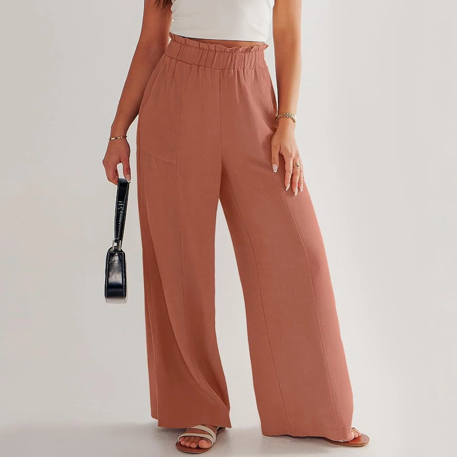 Linen Pants for Women Trendy Casual Wide Leg Beach Palazzo Pants Ruffle High Waist Slacks Trousers with Pockets