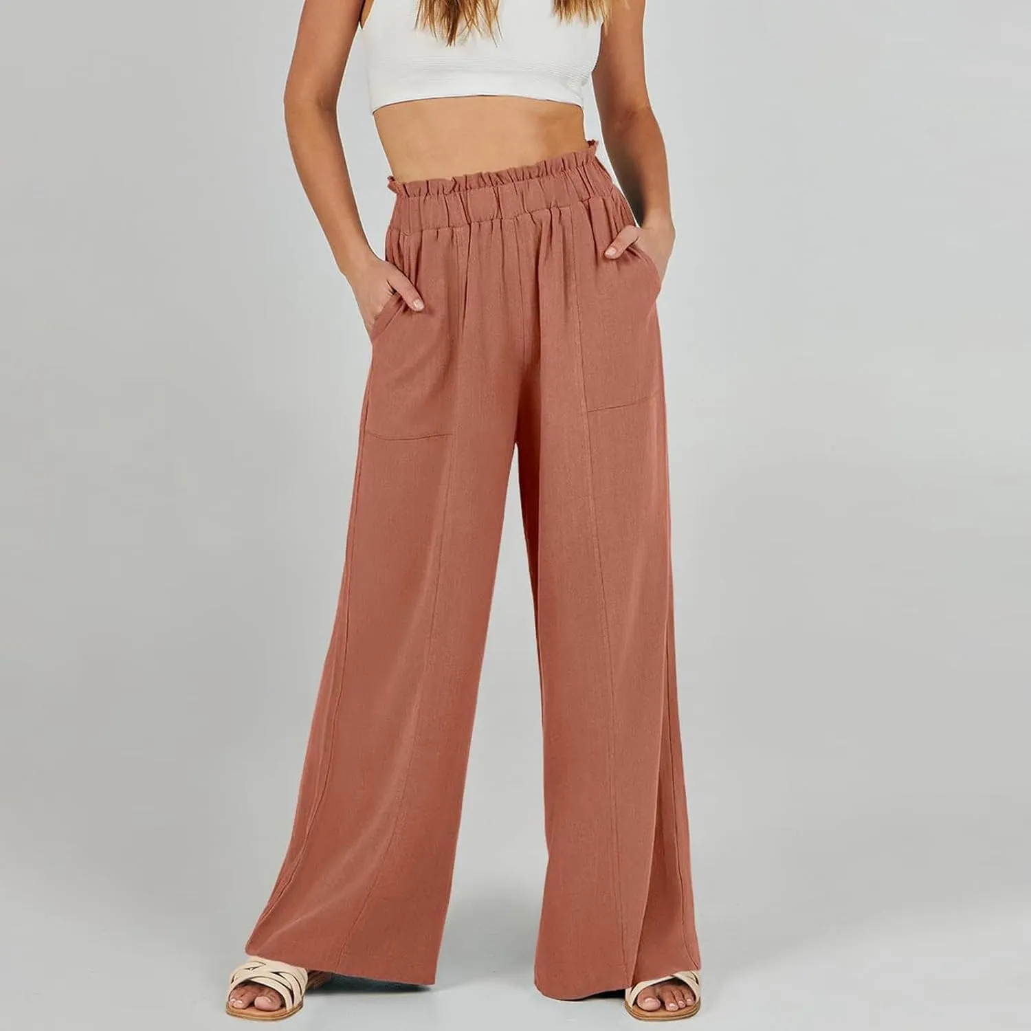 Linen Pants for Women Trendy Casual Wide Leg Beach Palazzo Pants Ruffle High Waist Slacks Trousers with Pockets