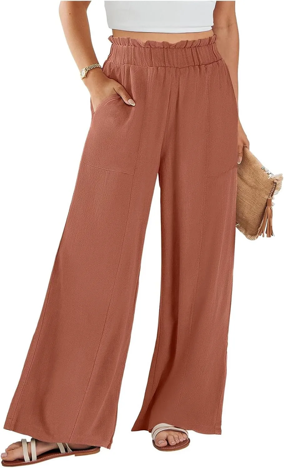 Linen Pants for Women Trendy Casual Wide Leg Beach Palazzo Pants Ruffle High Waist Slacks Trousers with Pockets
