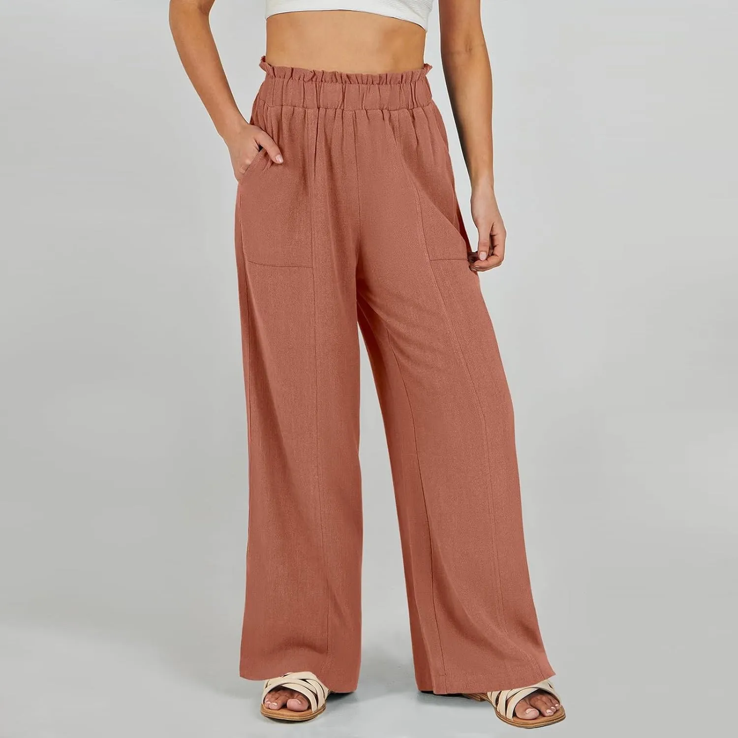 Linen Pants for Women Trendy Casual Wide Leg Beach Palazzo Pants Ruffle High Waist Slacks Trousers with Pockets