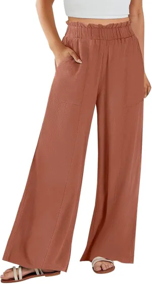 Linen Pants for Women Trendy Casual Wide Leg Beach Palazzo Pants Ruffle High Waist Slacks Trousers with Pockets