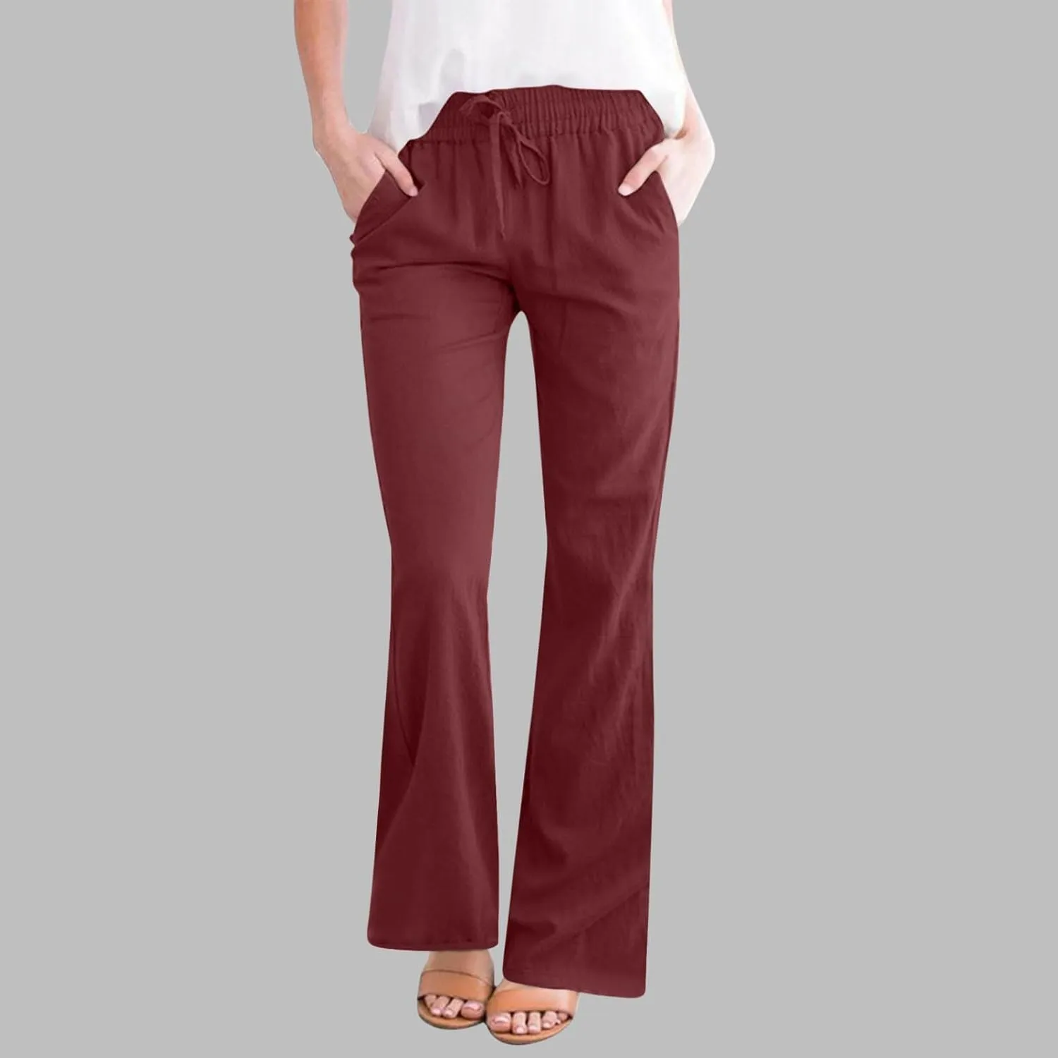 Linen Pants Women Casual Linen High Waist Pants Vacation Travel Pants Drawstring Loose Summer Trousers with Pockets
