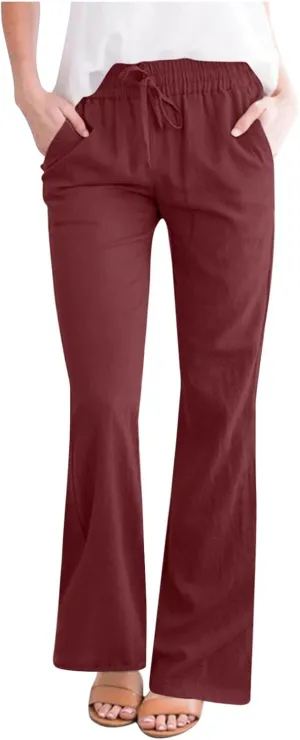 Linen Pants Women Casual Linen High Waist Pants Vacation Travel Pants Drawstring Loose Summer Trousers with Pockets