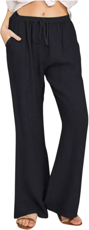 Linen Pants Women Cotton Linen Summer Palazzo Pants Flowy Wide Leg Beach Trousers Vacation Travel Pants with Pockets
