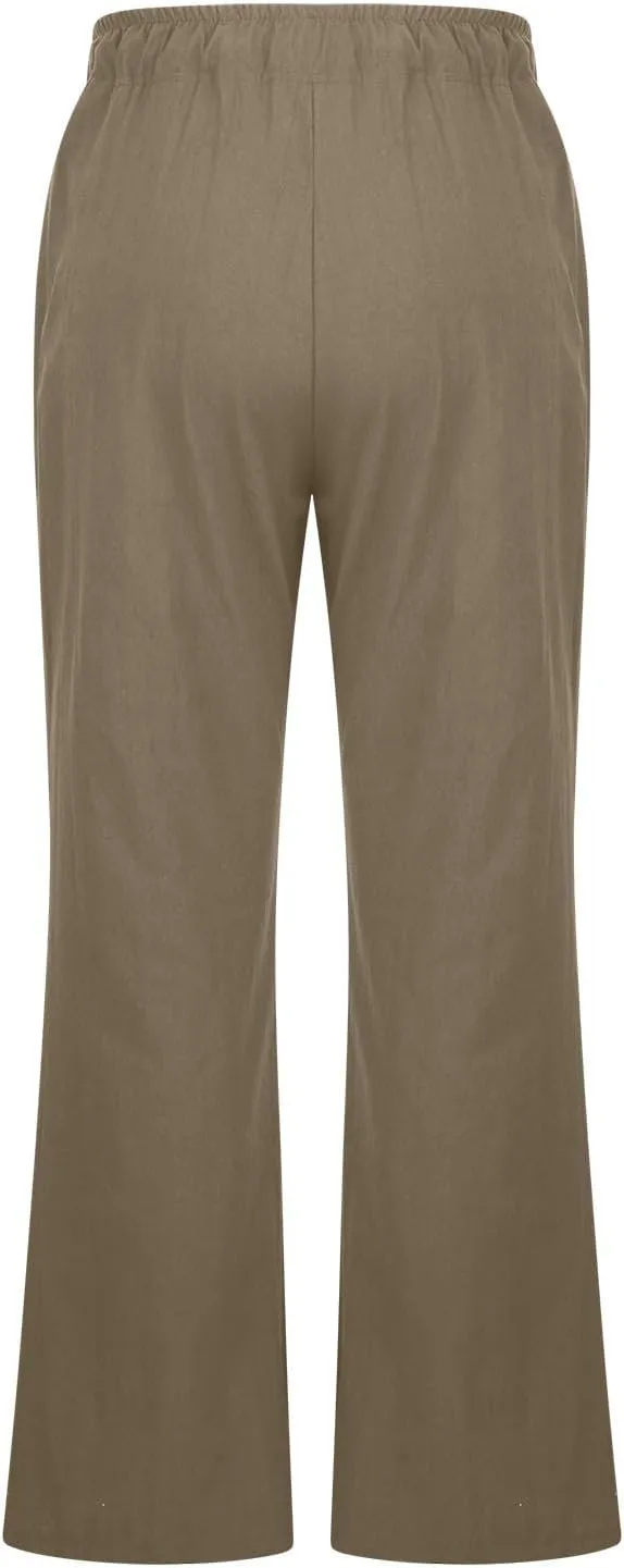 Linen Pants Women Cotton Linen Summer Palazzo Pants Flowy Wide Leg Beach Trousers Vacation Travel Pants with Pockets