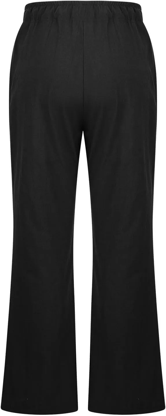 Linen Pants Women Cotton Linen Summer Palazzo Pants Flowy Wide Leg Beach Trousers Vacation Travel Pants with Pockets
