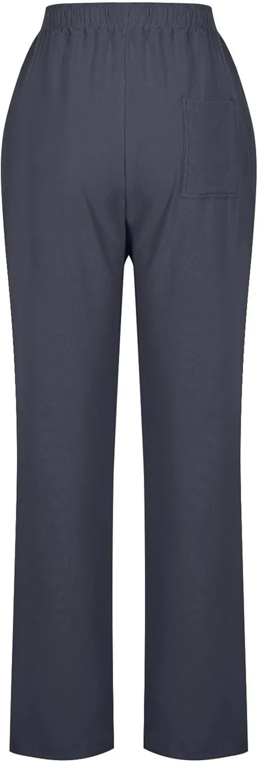 Linen Pants Women High Waist Linen Trousers Drawstring Waist Casual Pants Summer Vacation Beach Long Pant with Pockets