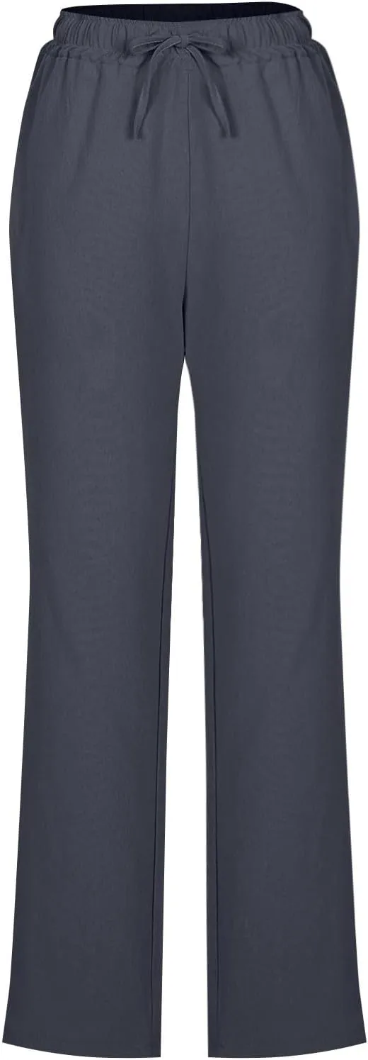 Linen Pants Women High Waist Linen Trousers Drawstring Waist Casual Pants Summer Vacation Beach Long Pant with Pockets