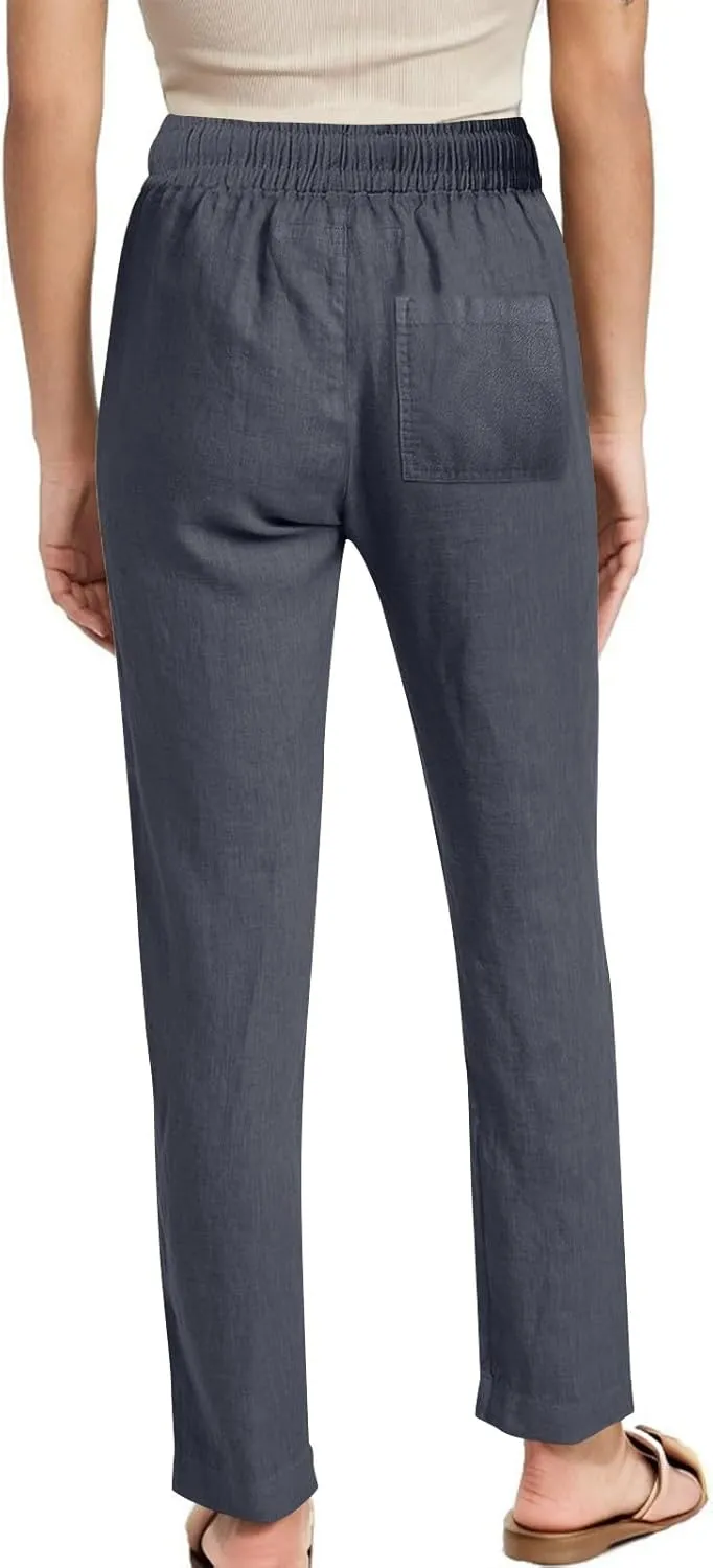 Linen Pants Women High Waist Linen Trousers Drawstring Waist Casual Pants Summer Vacation Beach Long Pant with Pockets